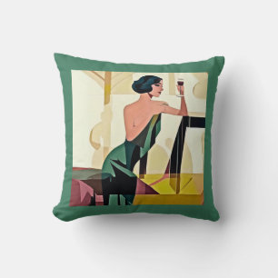 Deco Lady in Green Modern Art Cushion