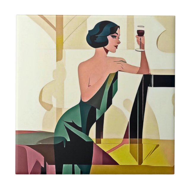 Deco Lady in Green Modern Art Tile (Front)