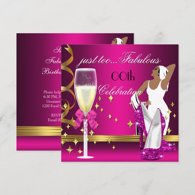 Deco Lady Pink Gold Too Fabulous Birthday Invitation (Front/Back)