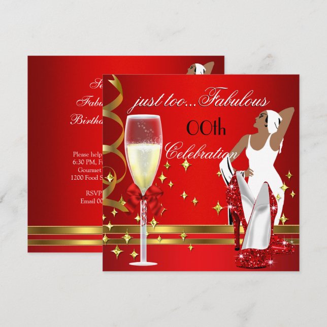 Deco Lady Red Gold Too Fabulous Birthday Party 2 Invitation (Front/Back)