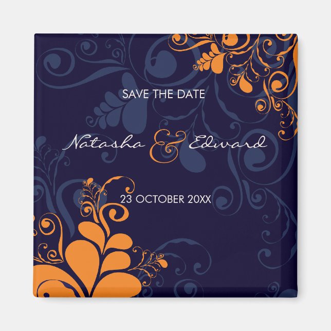 Deco Leaves Floral Swirls Navy Blue Save The Date Magnet (Front)