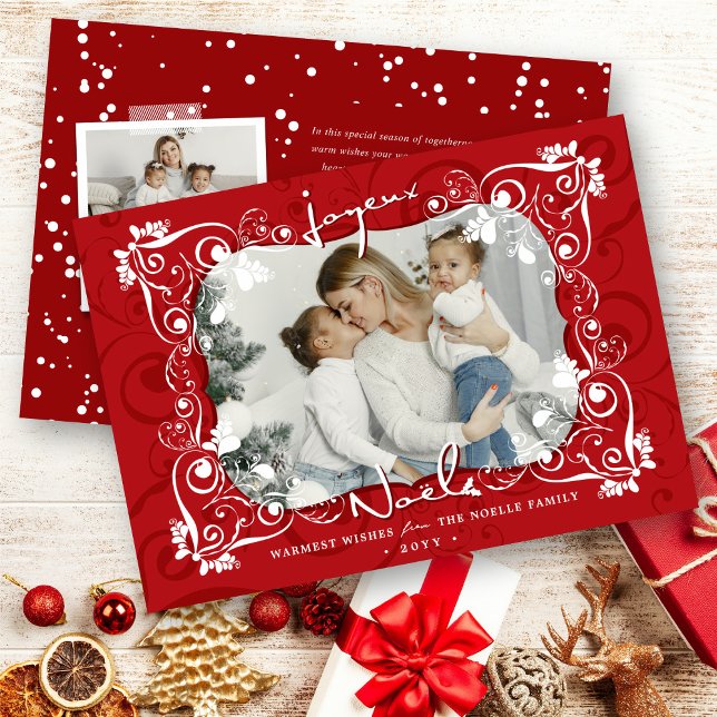 Deco Leaves Mistletoes Joyeux Noel Christmas Photo Holiday Card (Creator Uploaded)
