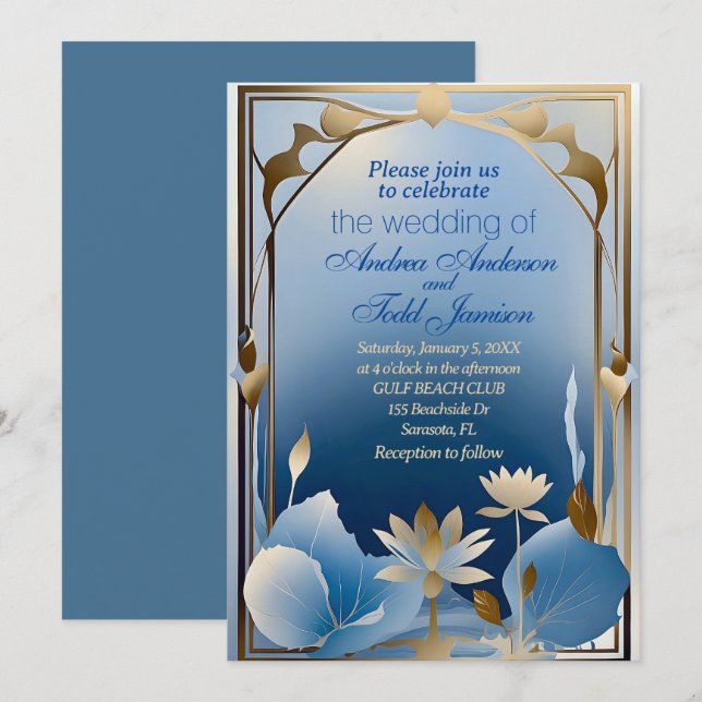 Deco minimalism blue gold lotus flower wedding  invitation (Front/Back)