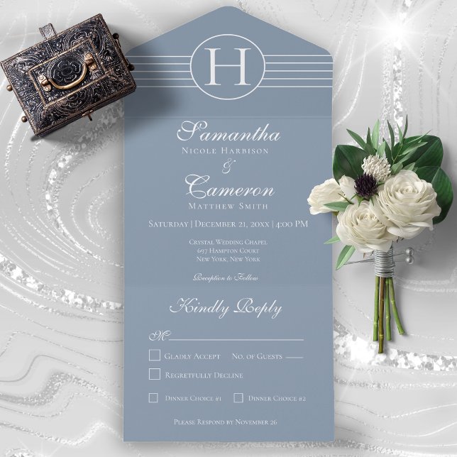 Deco Modern Monogram Dusty Blue Dinner All In One Invitation (Creator Uploaded)