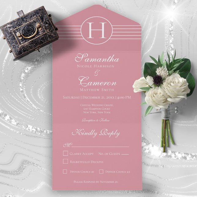 Deco Modern Monogram Dusty Pink Dinner All In One Invitation (Creator Uploaded)