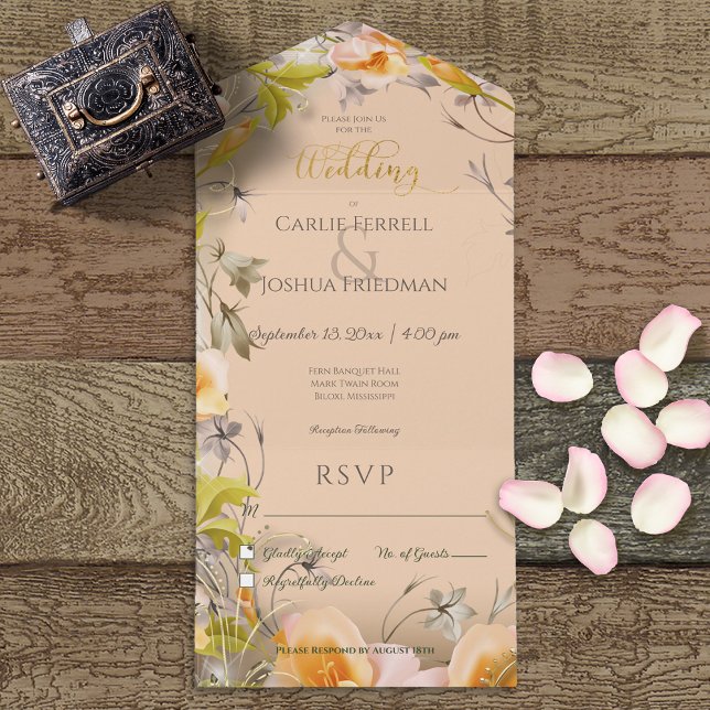 Deco Modern Peach Floral Peach Dinner All In One Invitation (Creator Uploaded)