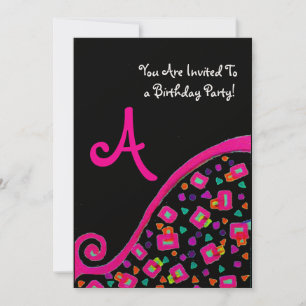 DECO MONOGRAM BIRTHDAY PARTY, fuchsia black gold Invitation