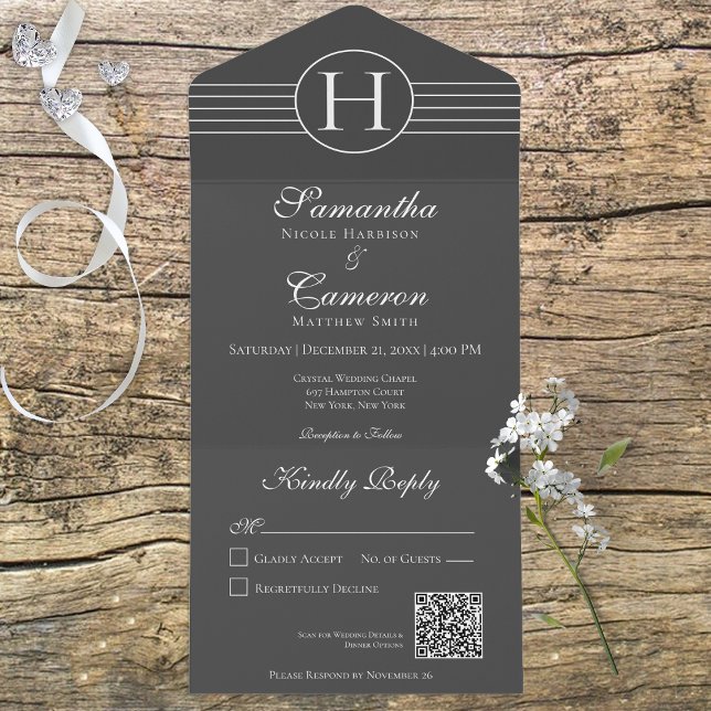 Deco Monogram Modern Charcoal Black QR Code All In One Invitation (Creator Uploaded)