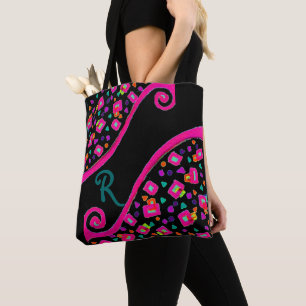 DECO Monogram Pink Blue Green Squares in Black Tote Bag