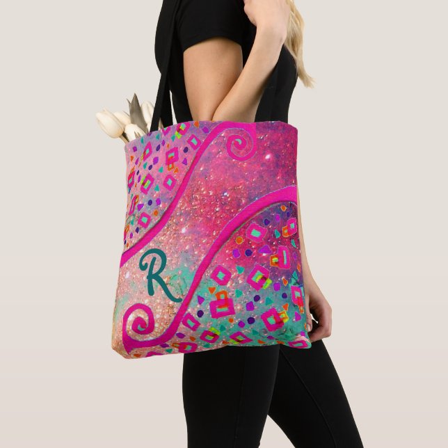 DECo MONogram Pink Fuchsia Blue Green Dots Squares Tote Bag (Close Up)