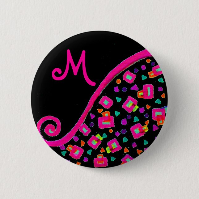 DECO MONOGRAM  Pink Fuchsia Yellow White Black 6 Cm Round Badge (Front)