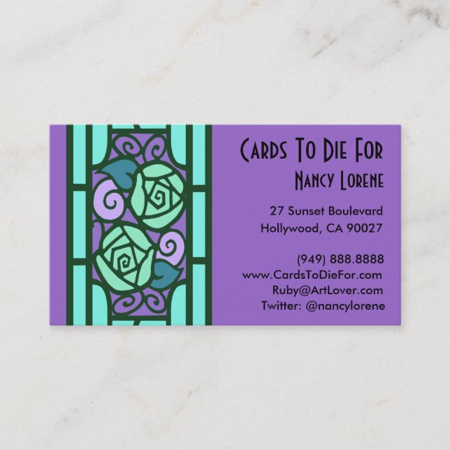 Deco Roses in Aqua and Purple Business Card (Front)