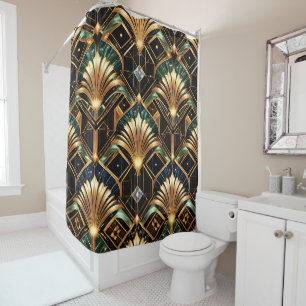 Deco shower curtain – luxury gold and emerald geom