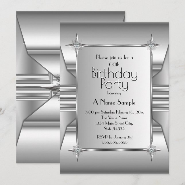 Deco Silver Chrome Metal image Birthday Party  Invitation (Front/Back)