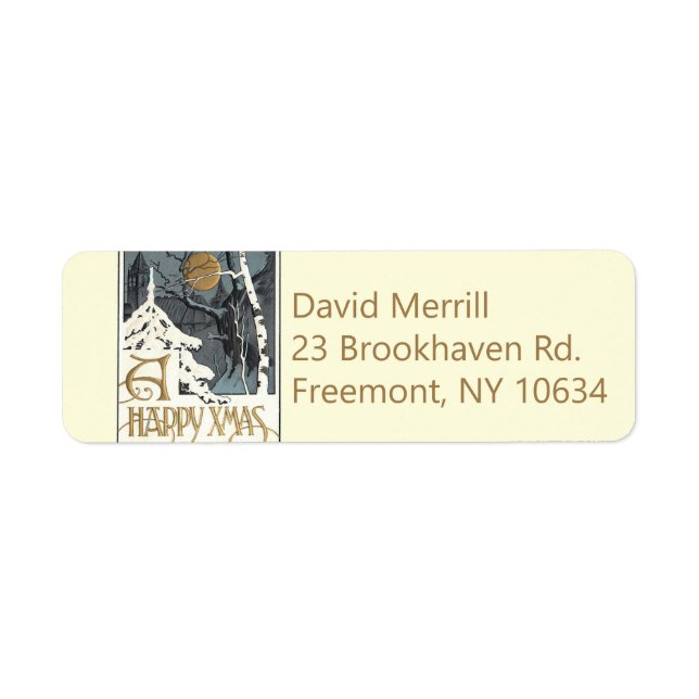 Deco Snowy Scene Moon Tree Return Address Label (Front)