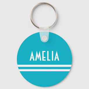 Deco Stripes Name Monogram White Bright Blue Key Ring