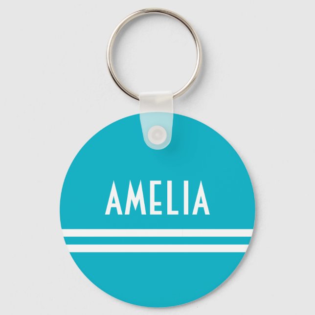 Deco Stripes Name Monogram White Bright Blue Key Ring (Front)