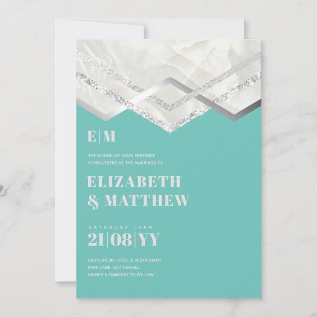 Deco Teal Silver Minimalist Typography Wedding (Front)