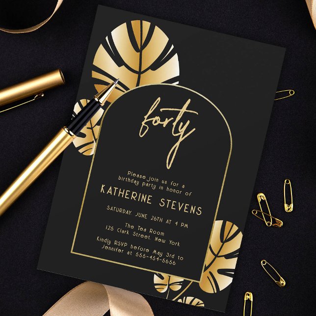 Deco Tropical Leaf Gold Boho Frame 40th Birthday Invitation (gold tropical leaf monstera art deco 40th birthday invitation diy card women black boho arch elegant)