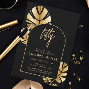 Deco Tropical Leaf Gold Boho Frame 50th Birthday Invitation