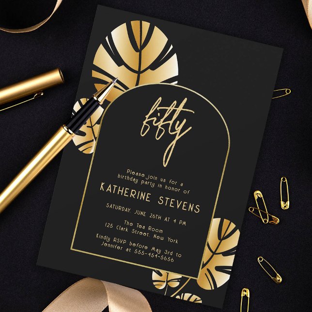 Deco Tropical Leaf Gold Boho Frame 50th Birthday Invitation (gold tropical leaf monstera art deco 50th birthday invitation diy card women black roaring 20s chic)