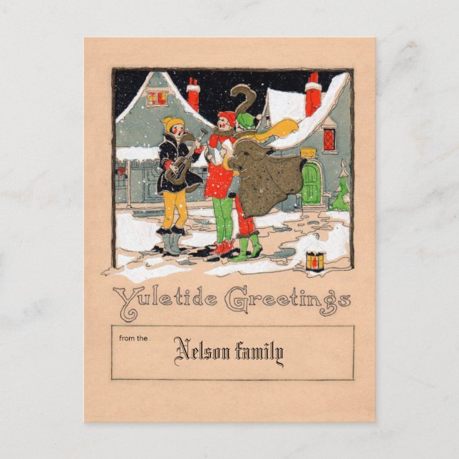 Deco yuletide Christmas carolers postcard (Front)