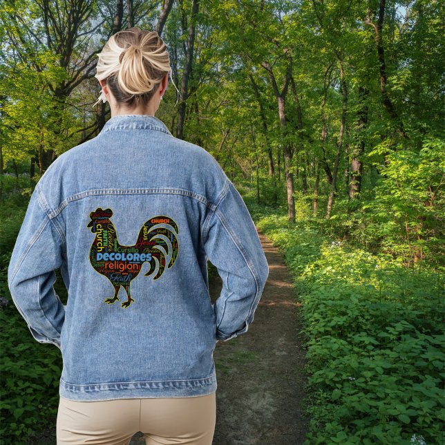 DeColores Cursillo Rooster Word Cloud  Denim Jacket (Creator Uploaded)