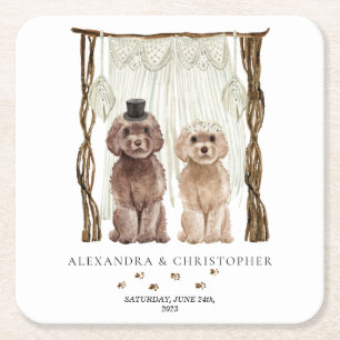 Decor Brown Cavapoo Dog Cute Couple Square Paper Coaster