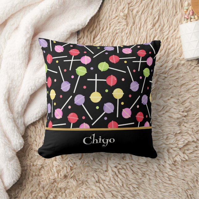 Decora Candy Lollipop Patterned Black Cushion (Blanket)