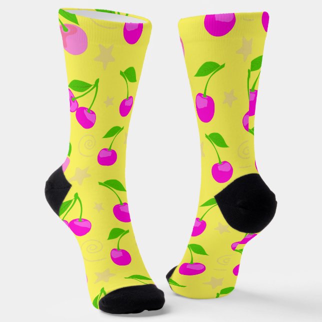 Decora Kei Rainbow Cherry Pattern Yellow Socks (Angled)