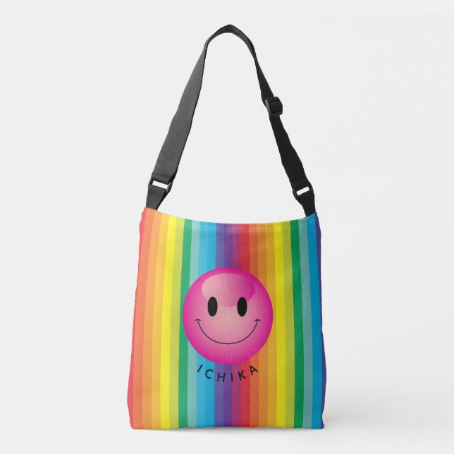 Decora Kei Rainbow Striped Smiling Emoji Face Crossbody Bag (Front)