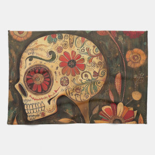 Decorated Autumn Day Of The Dead Skull Tea Towel
