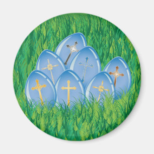 Decorated blue Easter eggs on grass Magnet