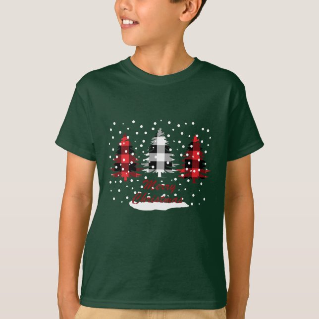 Decorated buffalo plaid christmas pine trees T-Shirt (Front)