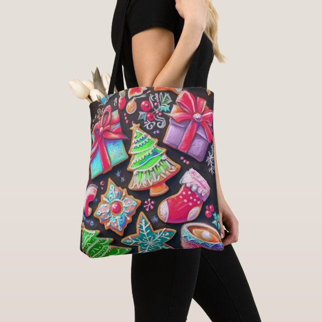 Decorated Christmas Cookies Pattern Chalk Drawing Tote Bag (Close Up)