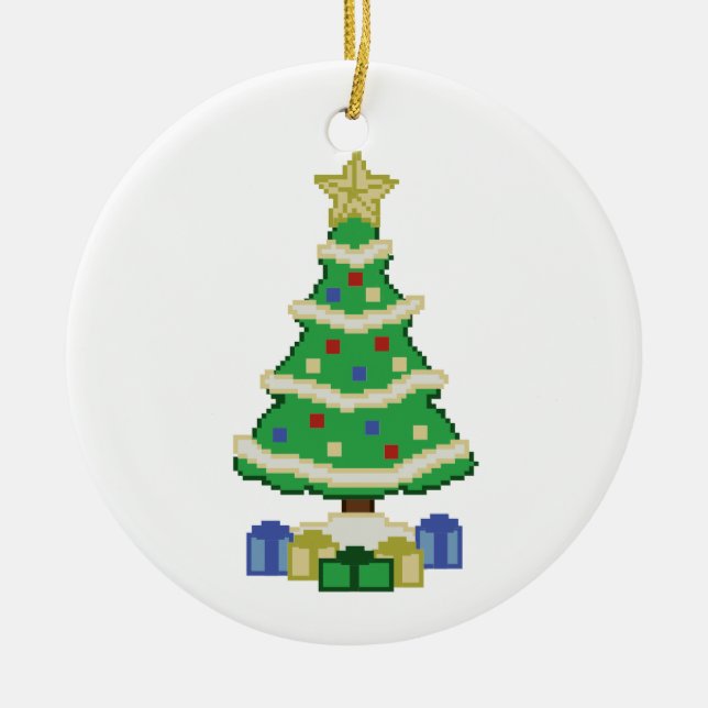 Decorated Christmas Tree 8bit Video Game Style Ceramic Tree Decoration (Front)