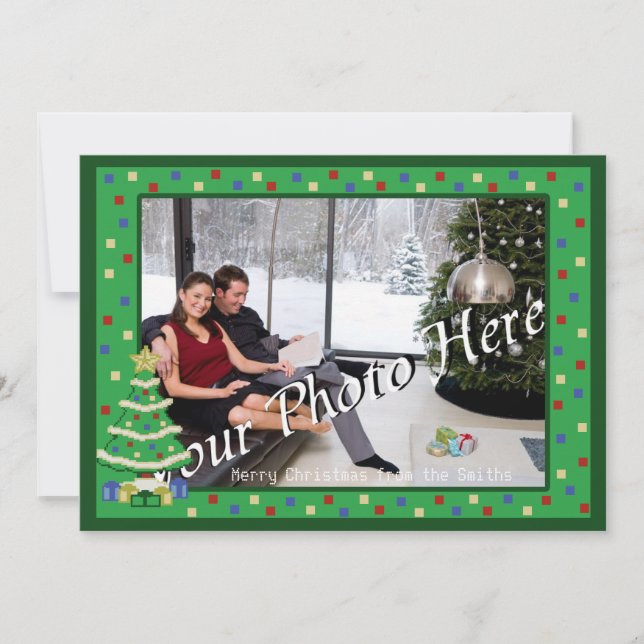 Decorated Christmas Tree 8bit Video Game Style Holiday Card (Front)