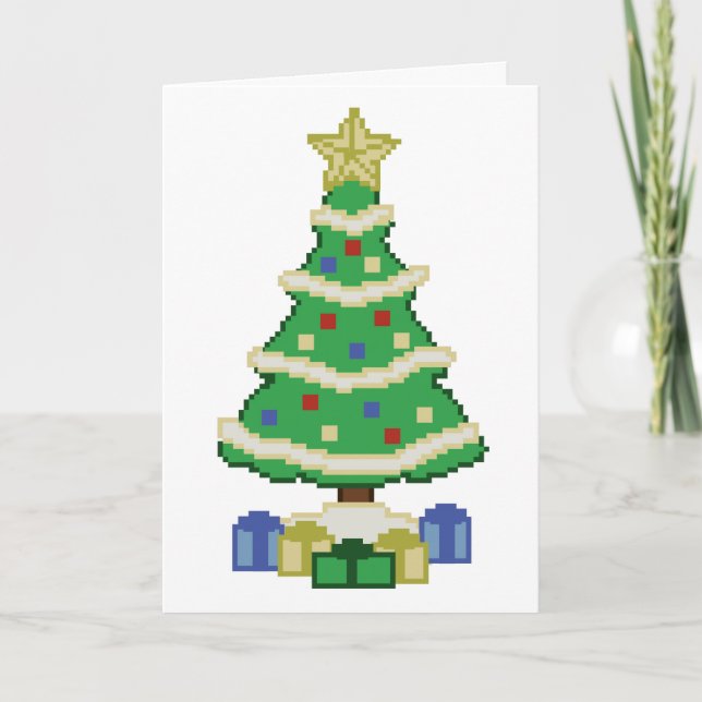 Decorated Christmas Tree 8bit Video Game Style Holiday Card (Front)