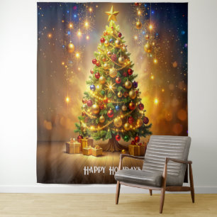Decorated Christmas Tree Backdrop Tapestry