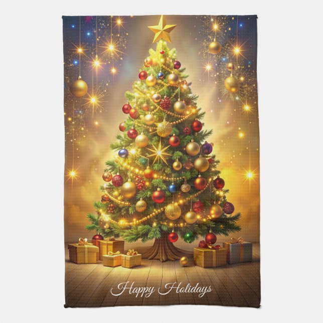 Decorated Christmas Tree Kitchen Tea Towel (Vertical)