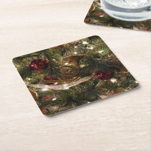 Decorated Christmas Tree Square Paper Coaster (Angled)