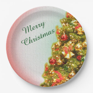 Decorated Christmas tree with merry christmas text Paper Plate