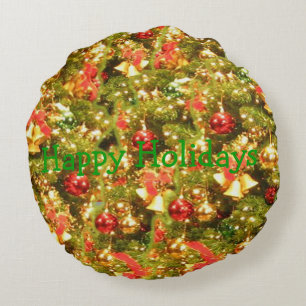 decorated christmas tree with text round cushion