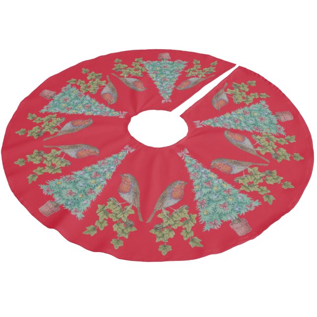 decorated christmas trees with ivy and robins brushed polyester tree skirt (Angled)