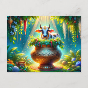 Decorated Cow in Pongal Pot Postcard