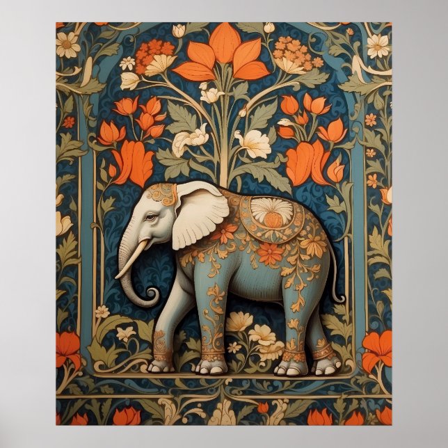 Decorated Elephant William Morris Inspired Floral Poster (Front)
