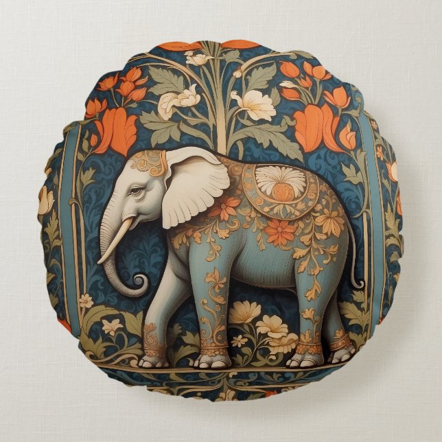 Decorated Elephant William Morris Inspired Floral Round Cushion (Front)