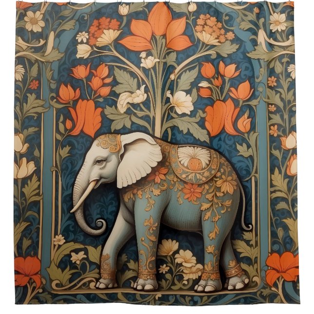 Decorated Elephant William Morris Inspired Floral Shower Curtain (Front)