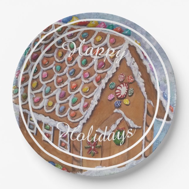 Decorated Gingerbread House Happy Holiday Party Paper Plate (Front)