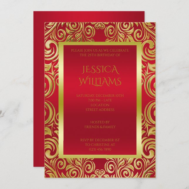 Decorated Gold Swirls & Ruby Red Birthday party Invitation (Front/Back)